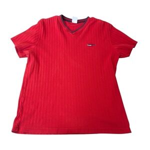Vintage Y2K Tommy Jeans Ribbed Knit‎ V-Neck T-Shirt - Red - Size XL